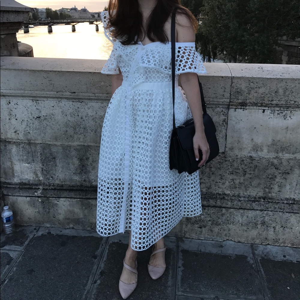 Self-Portrait One-Shoulder Lace Frill Midi Dress